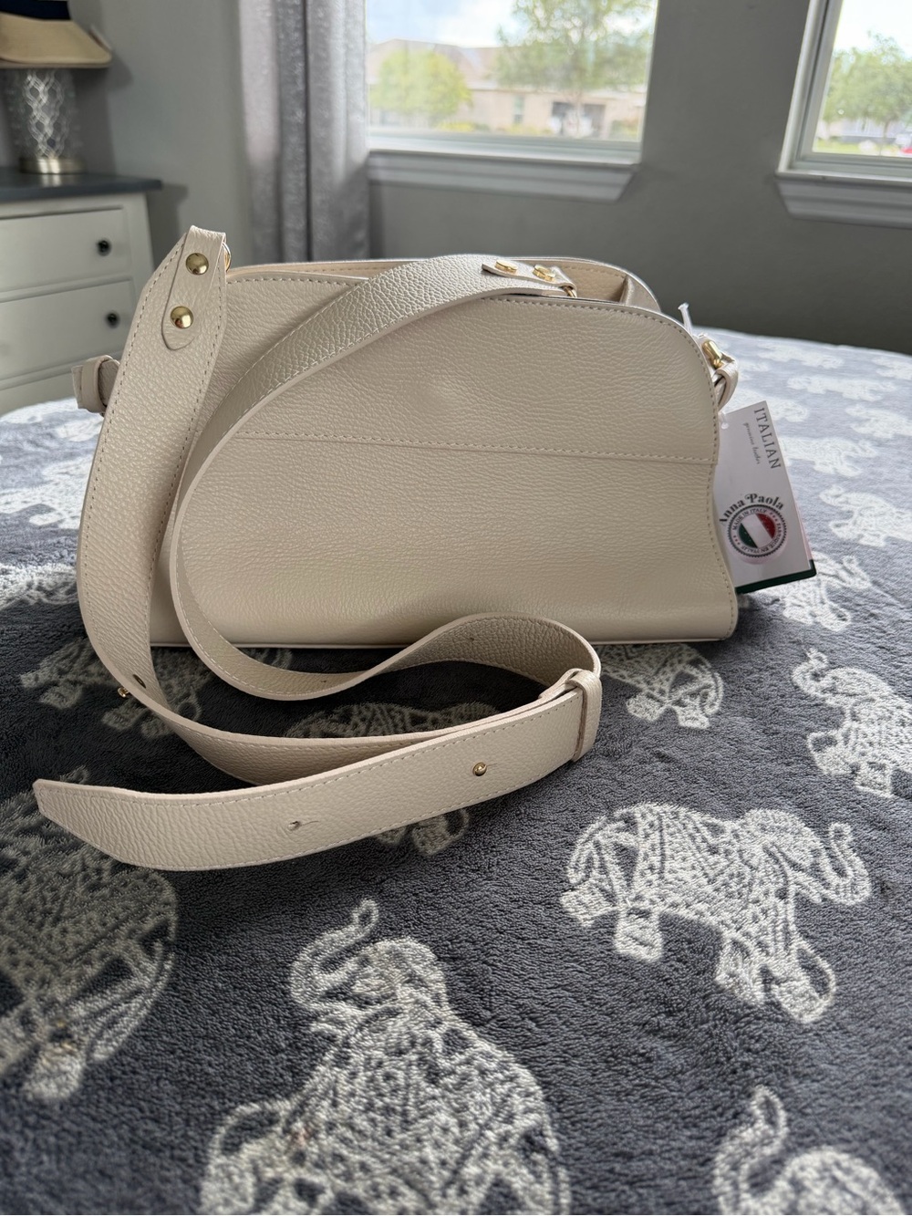 Anna Paola, Cream Pebbled Leather Crossbody Bag with Adjustable, Italian Leather